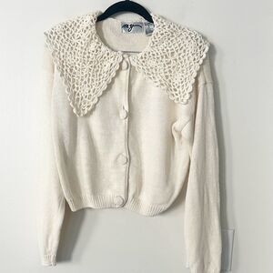 MY Cream Crochet Collared Cardigan Sweater M